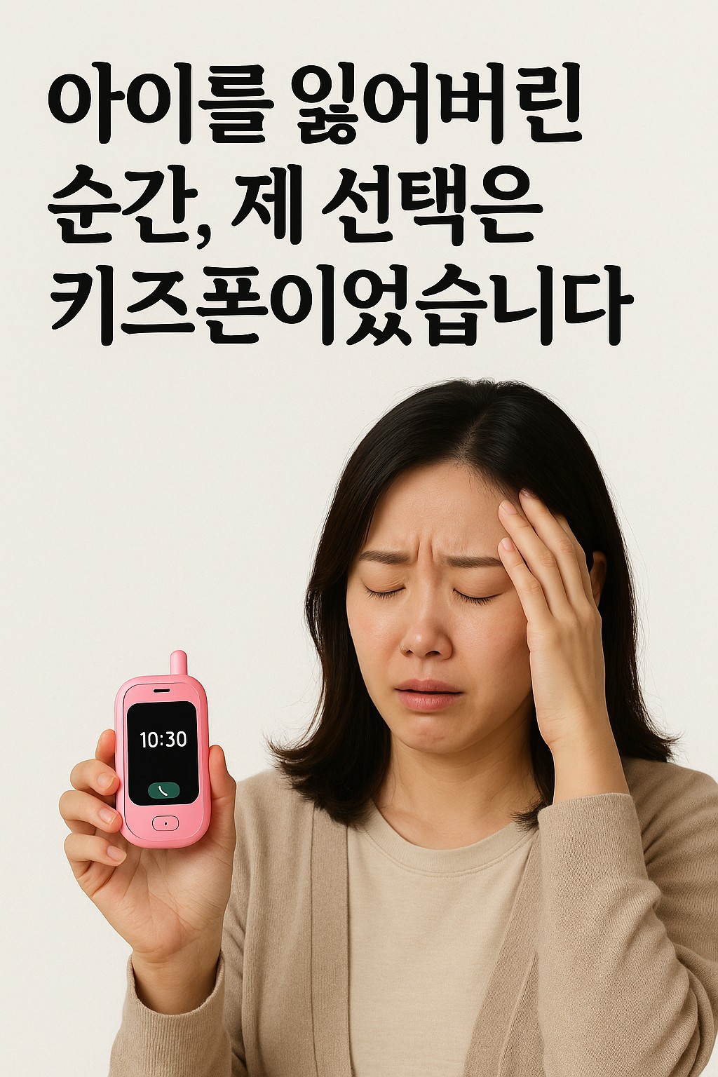 "아이를 잃어버린 순간 불안한 표정으로 머리를 짚으며 분홍색 키즈폰을 든 엄마, 어린이 안전을 위한 키즈폰 선택 강조"