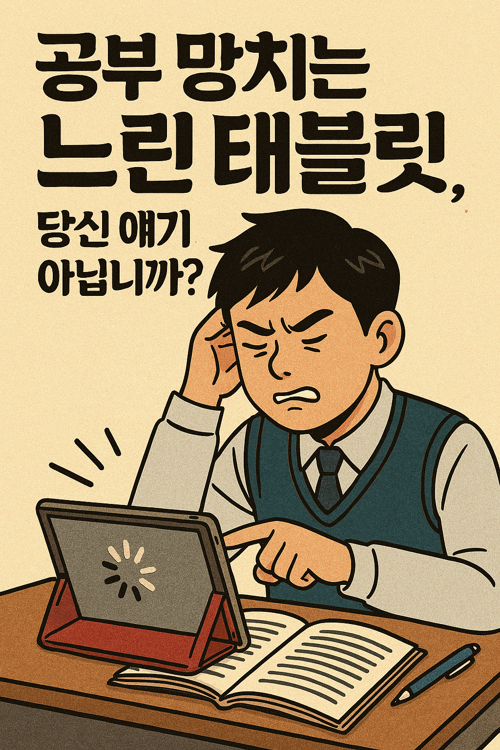 느린 태블릿 때문에 공부에 지장 받아 답답해하는 학생 일러스트