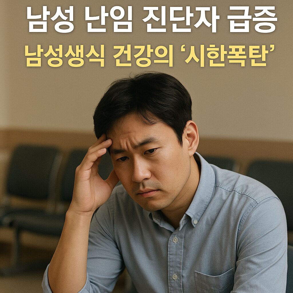 결혼 3년 차에도 소식이 없어 병원 대기실에서 불안한 표정의 남성 | 남성 난임 | 생식건강