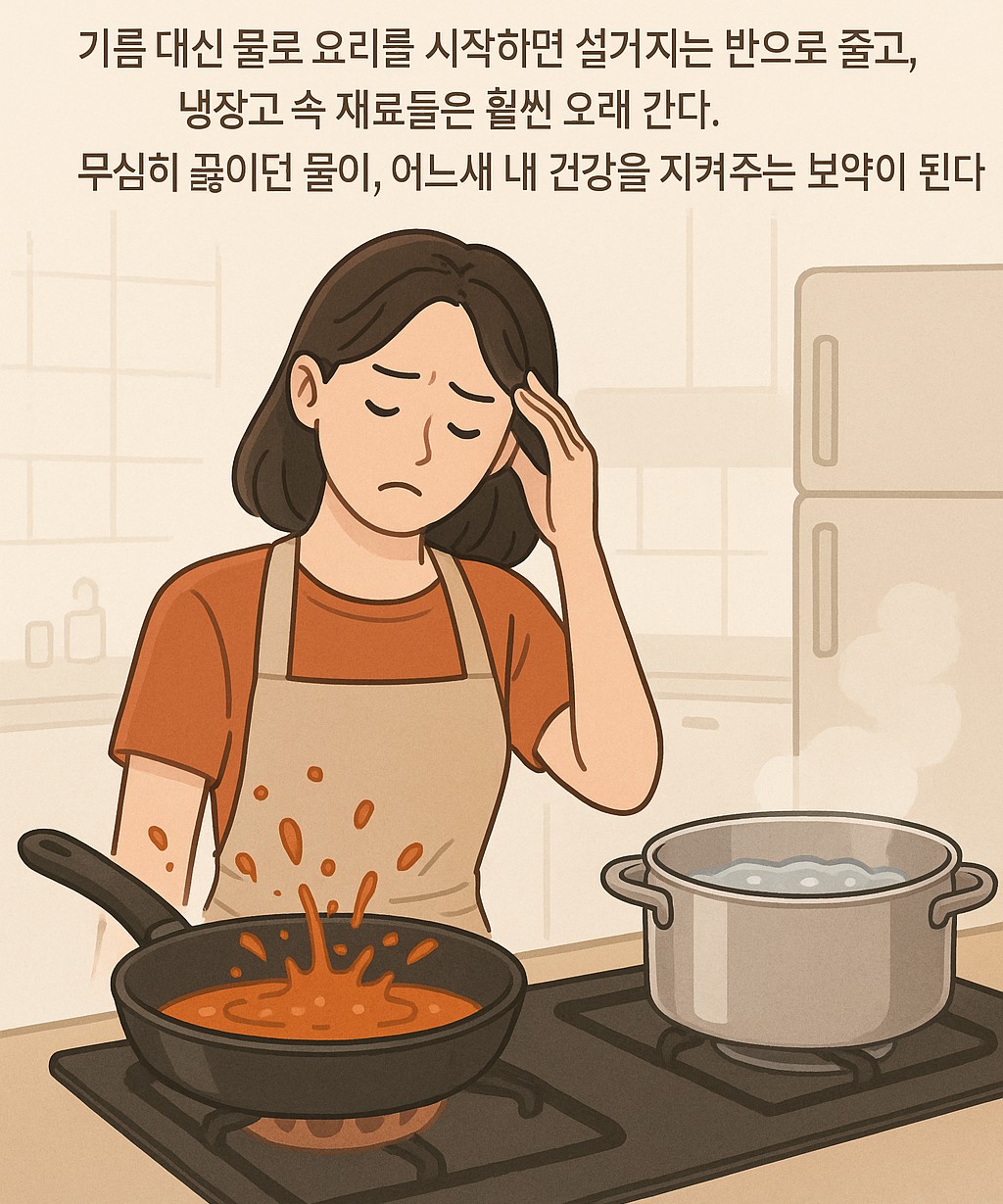 기름 없는 물조리 요리 루틴 시작 전, 기름이 튀는 주방에서 고민하는 여성의 모습 | 물조리 요리 루틴