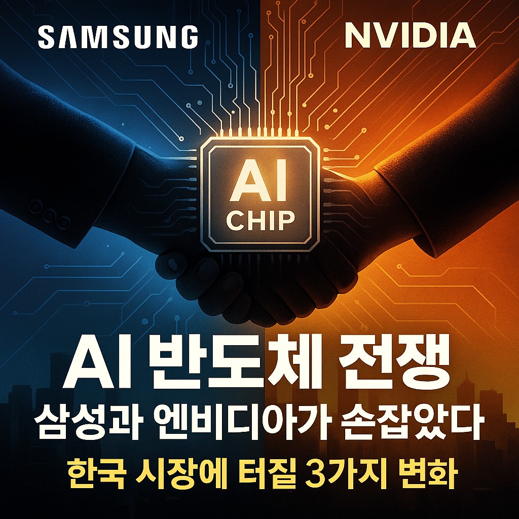 삼성전자와 엔비디아 AI 동맹을 상징하는 악수 장면 | AI 반도체 시장의 협력과 경쟁 구도