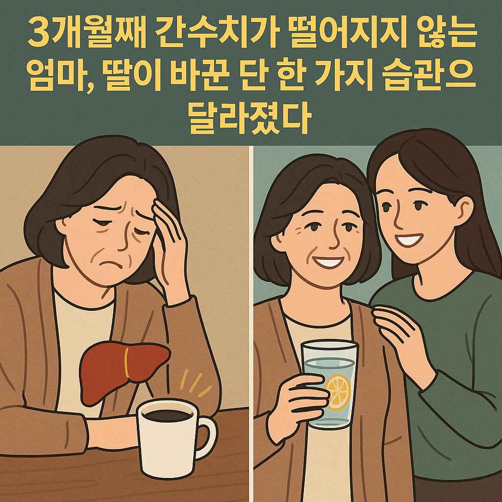 엄마 간수치가 높을 때 피해야 할 공복 커피 대신 따뜻한 레몬수를 마시는 중년 여성 | 간 건강 루틴