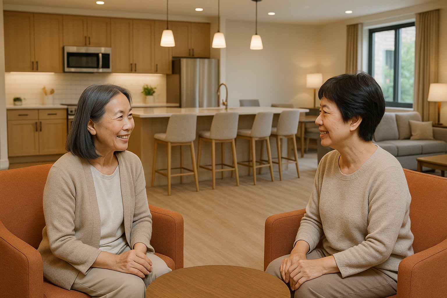 여성형 시니어 레지던스 내부, 공동 주방과 라운지 공간, 여성 맞춤형 시니어 주거 모델