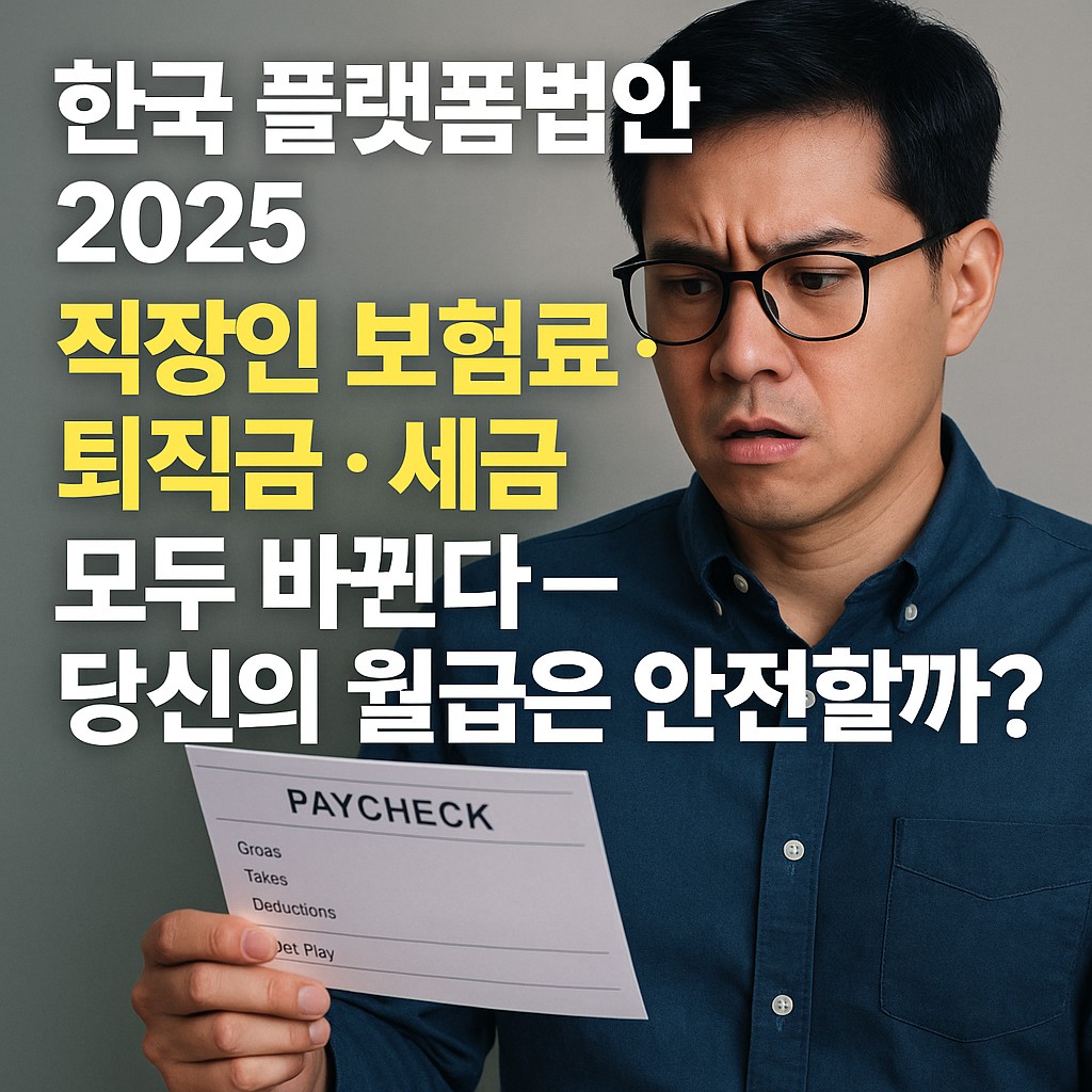 한국 플랫폼법안 2025 월급명세서를 보고 불안해하는 직장인의 모습 | 한국 플랫폼법안 2025 직장인 영향