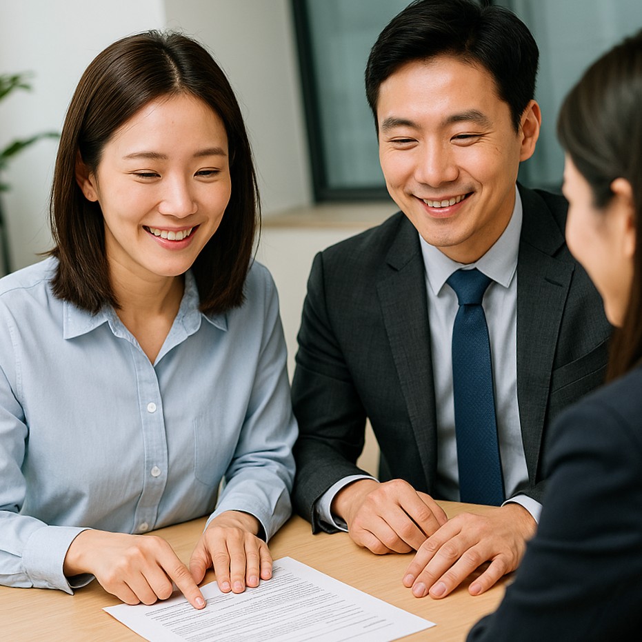 HR 담당자와 계약서를 검토하며 미소 짓는 한국인 직장인 | 한국 플랫폼법안 2025 근로계약 변화